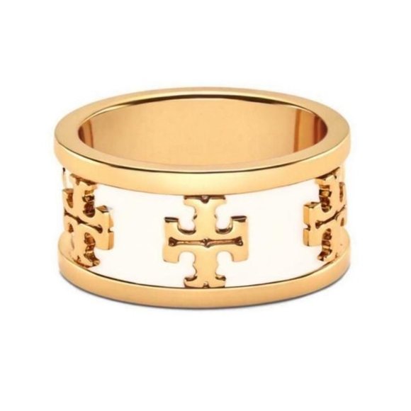 Tory Burch White Enamel Raised Logo Ring Size 8 - Picture 1 of 3